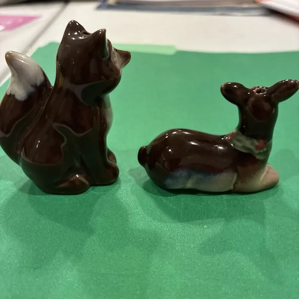 Deer And Fox Ceramic Salt And Pepper Shakers Fawn Whimsical Forest Animals Decor